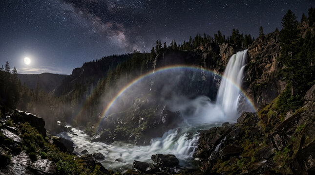 Shimmering Moonbow Nighttime Rainbow Over A Powerful Waterfall Captured Under A Dark Starry Night Sky