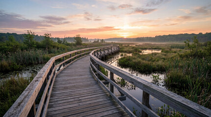 Fototapeta premium Wooden Boardwalk Jogging Path Over Wetlands At Dawn With No Humans Or Any Commercial Signs