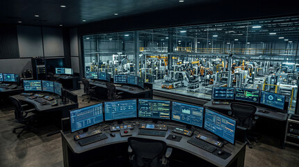 Obraz premium Empty Control Room Overlooking Automated Factory Floor with Massive Glass Windows Plant Operations Control Center