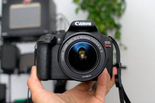 Zapopan Jalisco, Mexico - June 17, 2026: Canon EOS Rebel T7 DSLR camera with lens, canon camera concept