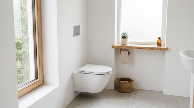 Minimalist Toilet Area Featuring A White Toilet And Light Wood Shelf In Natural Daylight Conditions