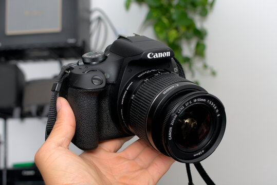 Zapopan Jalisco, Mexico - June 17, 2026: Canon EOS Rebel T7 DSLR camera with lens, canon camera concept