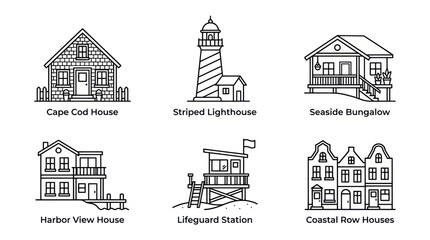 Fototapeta premium Collection of Seaside Buildings: Lighthouse, Houses, Bungalow, Lifeguard Station