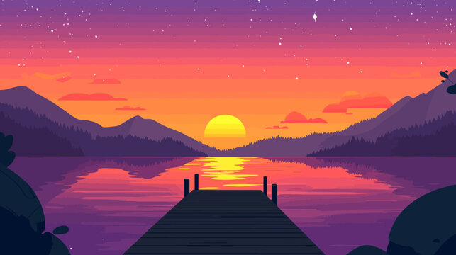 A vibrant sunset over a calm lake with a wooden pier reaching mountains in view