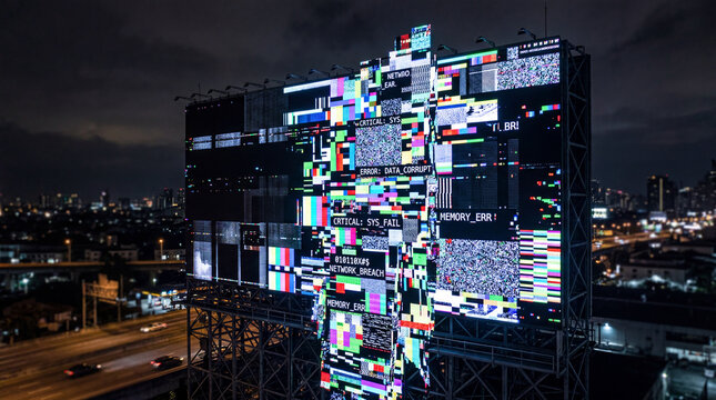 Massive Stadium Sized Digital Billboard Experiencing Major Cyber System Attack Showing Error Screen Glitch Code