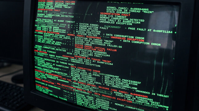 Close Up Of A Digital Screen Displaying An Infinite Loop Of System Error Code Commands