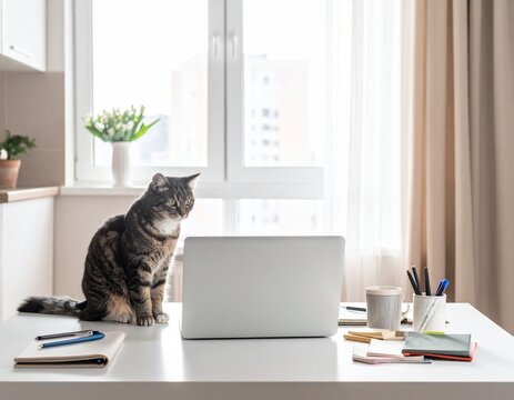 明るいリビングの白いデスクの上に座り、ノートパソコンの画面をじっと見つめる1匹のキジトラ猫。リモートワークを連想させる室内風景。