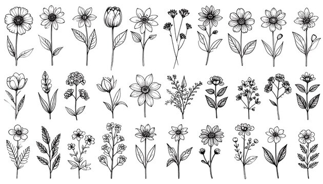 Black and white line art illustration featuring an array of various flowers and botanical elements