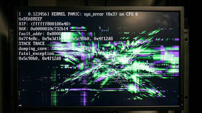 Close Up of Flat Panel Display Showing Linux Kernel Panic Error Log Technical Glitch Screen