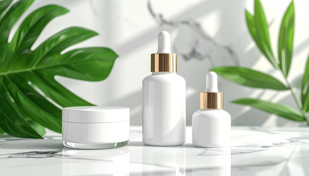 観葉植物と大理石を背景にした金色のフタの白い化粧品ボトルのモックアップ