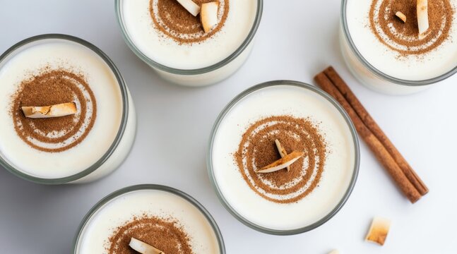 Tembleque, Puerto Rican coconut milk dessert, is served in glasses. Each portion features cinnamon swirl and coconut shard topping. Sweet, creamy treat from Caribbean cuisine perfect for celebrations.