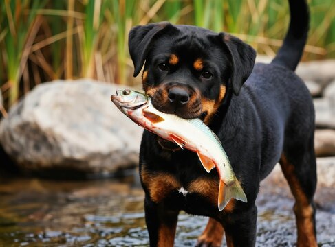 Black rottweiler puppy stands in shallow water holding a fish in its mouth. Reeds grow behind the dog near rocks. The playful pup looks at the camera with its catch. This is a fun animal photo.