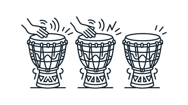Hands playing three djembe drums line art illustration.
