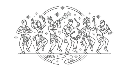 Obraz premium Group of African musicians and dancers in festive line art.