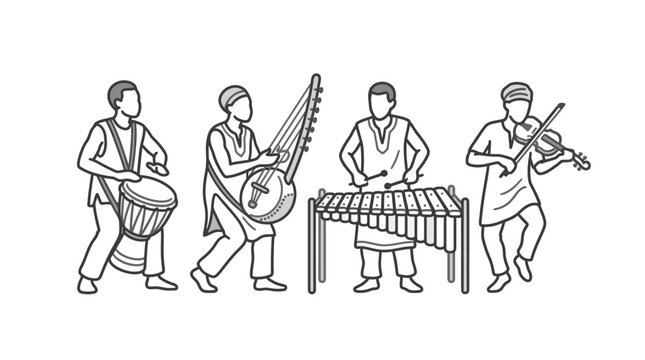 Vector line art of four musicians playing ethnic instruments.
