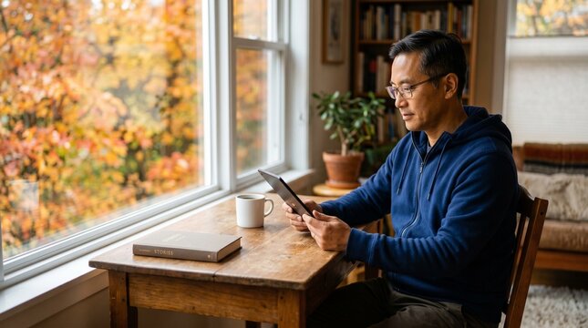 Man reading tablet by window with autumn foliage outside and book on table