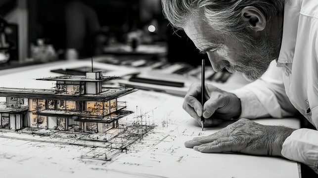 Architect working on detailed architectural drawing plans with pencil, focused on designing modern house model, showcasing creativity and precision in black and white