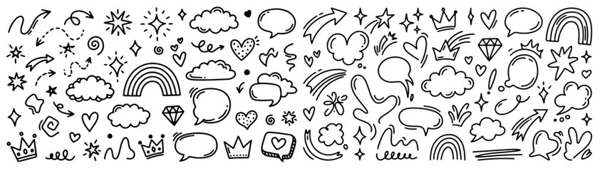 Fototapeta premium A collection of hand-drawn doodle elements, including clouds, rainbows, stars, hearts, crowns, and speech bubbles, perfect for adding a whimsical touch to designs