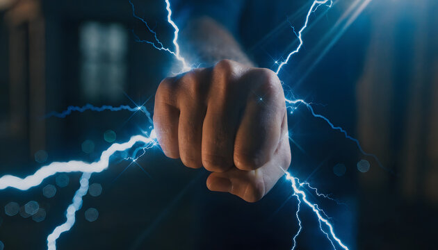 Closeup of a human fist charged with powerful electric lightning bolts, representing strength, energy, and supernatural power in a dark atmosphere