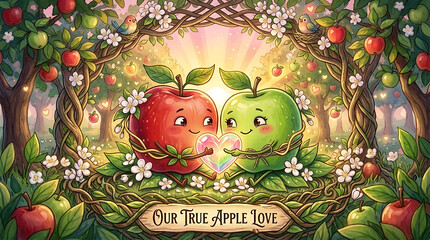 Naklejka premium Whimsical Illustration of Two Loving Apples in an Enchanted Fruit Orchard Celebrating True Romance