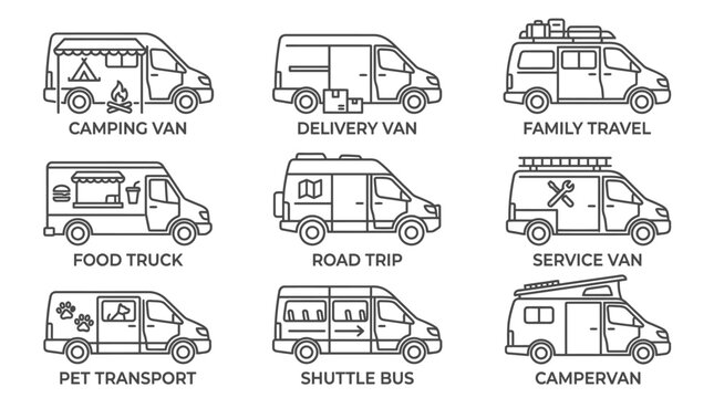 Vector set of cargo and delivery van line icons including camping vehicles, food trucks, shuttle buses, and service vans for transportation design