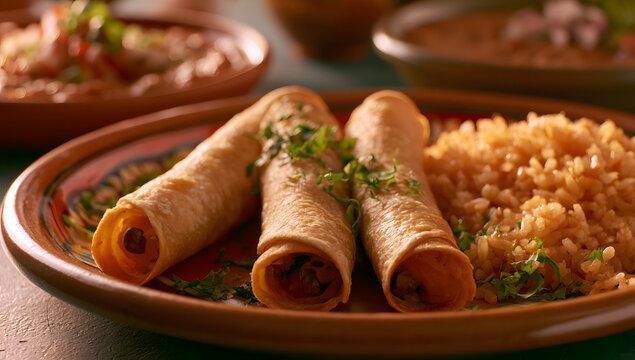 A dish featuring three taquitos, accompanied by rice and beans.