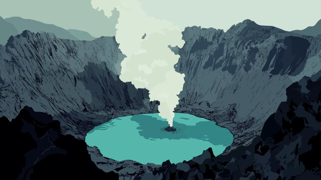 Volcanic caldera with crystalline lake beneath misty steam jets, bordered by steep dark peaks under a dusky sky