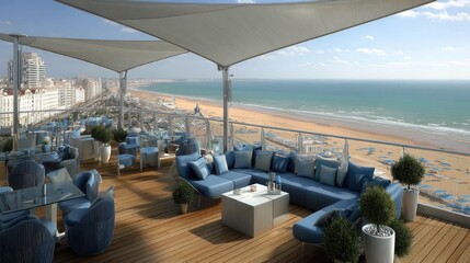 Fototapeta premium Rooftop Terrace with Ocean View and Modern Seating Area.