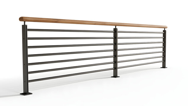 Wood-topped steel railing on a white background, isolated with a clipping path.