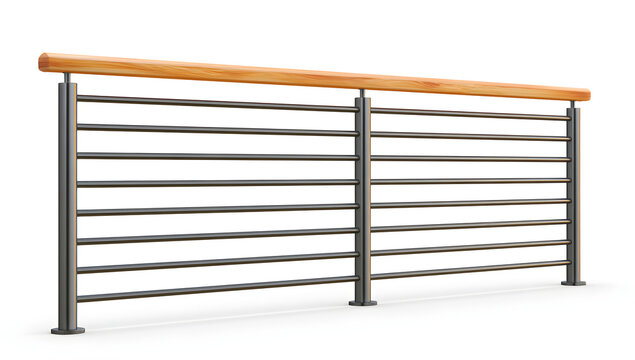 A railing with a wood top and steel frame, set against a white background, with a clipping path.