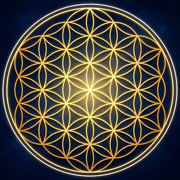 Golden Flower of Life Sacred Geometry Symbol Glowing on Dark Blue Background