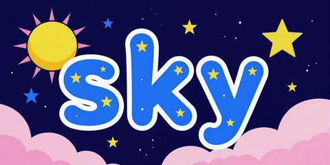 Fototapeta premium Visual art with word SKY in blue letters filled with yellow stars. Sun, clouds, night sky with twinkling stars and constellations fill space.
