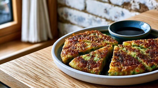 Pindae-tteok (Korean mung bean pancake) on a handmade white ceramic plate