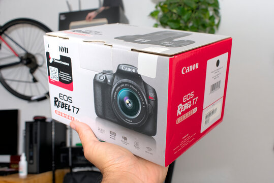 Zapopan Jalisco, Mexico - June 17, 2026: box for Canon EOS Rebel T7 DSLR camera with lens, canon camera concept