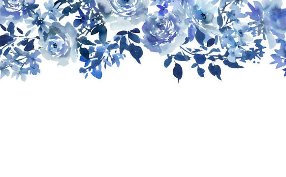 Watercolor floral drop background with abstract hand painted dusty blue roses and wild flowers for banner, gift wrapping and wedding invitation.