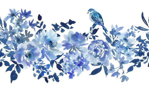 Watercolor floral PNG seamless pattern with abstract hand-painted dusty blue roses, wildflowers, and little birds for banners, stationery, and surface design