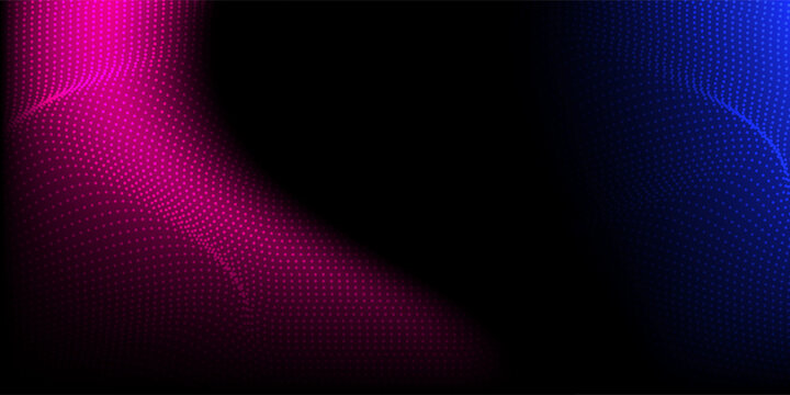 Abstract futuristic blue and pink wave with moving dots. Flow of particles with glitch effect. Ideal vector graphics for brochures, flyers, magazines, business cards and banners. Vector.