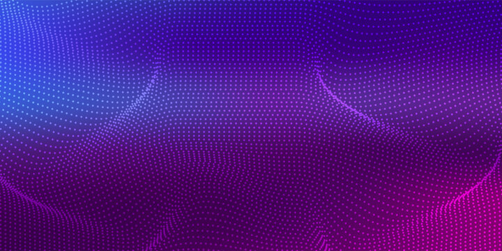 Abstract futuristic blue and pink wave with moving dots. Flow of particles with glitch effect. Ideal vector graphics for brochures, flyers, magazines, business cards and banners. Vector.