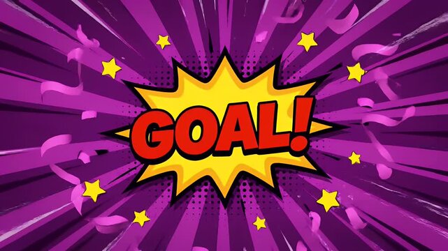 Goal comic book style text animation with purple radial background and yellow stars and confetti