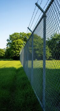 A strong, imposing metal chain link fence stretches across a lush green landscape, severely limiting access and symbolizing absolute prohibition and restraint, security, warning, constraint