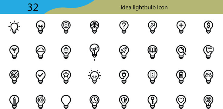 Lightbulb idea icon set. Innovation and creative thinking related icons: smart solution, energy, brainstorm, tech startup, strategy, and inspiration. Editable line icons. Vector illustration.