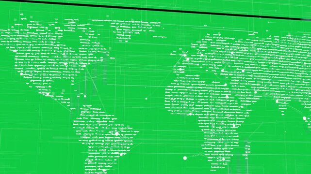 On pan, wireframe map and grid tilting, bars rising, visualizing network connections, transparent