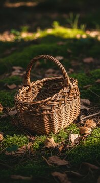 An old, empty wicker basket resting among lush green moss and dried leaves on the forest floor, evoking a sense of discovery and quiet decay, decay, stillness, rustic