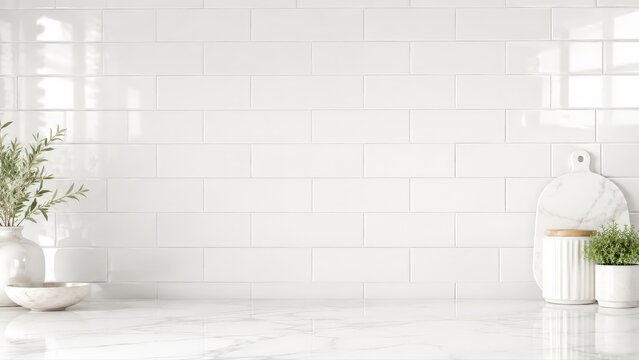 Bright White Kitchen Countertop with Subway Tile Backsplash