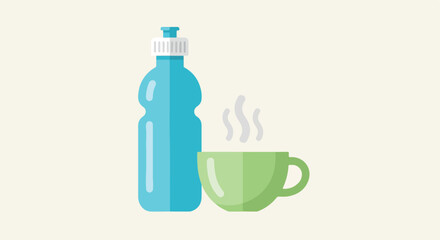A blue sports water bottle stands next to a green cup of steaming hot tea or coffee in this flat vector illustration. © Aqil Art