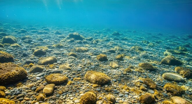 Clear blue ocean water covering a rocky sea bed featuring scattered pebbles and golden sand illuminated by the sun's rays above, deep blue, seafloor, illuminated
