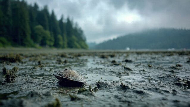 Clam Shell on Wet Mudflat Near Forest