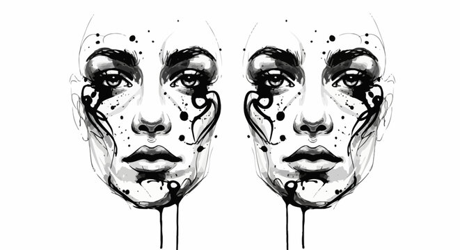 Artistic female face portraits with black ink drip details.