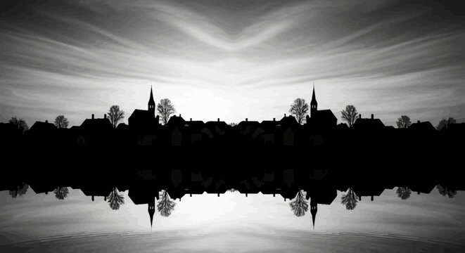 Atmospheric town skyline reflection over water landscape.