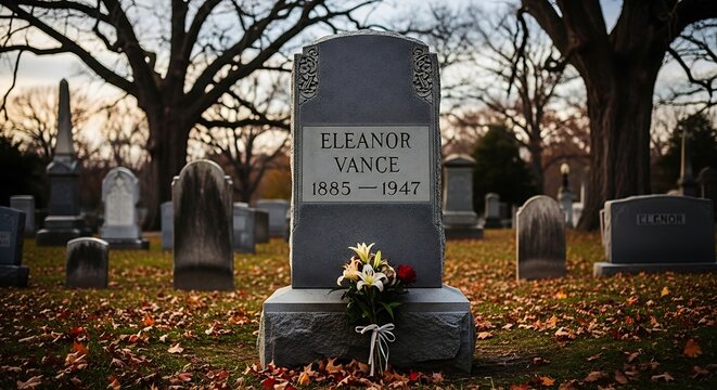 Cemetery gravestone with flowers and autumn leaves outdoors at dusk